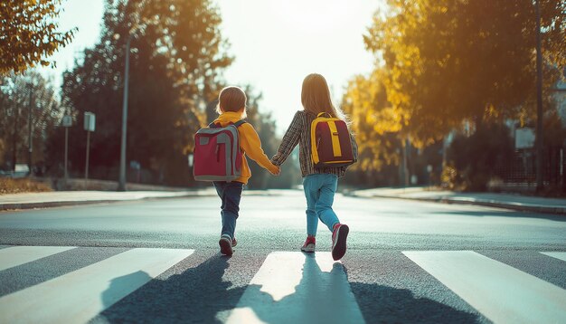 Photo two children holding hands and walking across a crosswalk