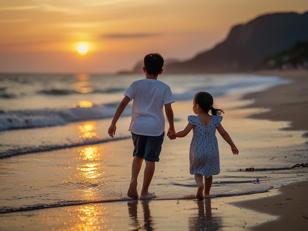 two children holding hands and walking on the beach at sunset