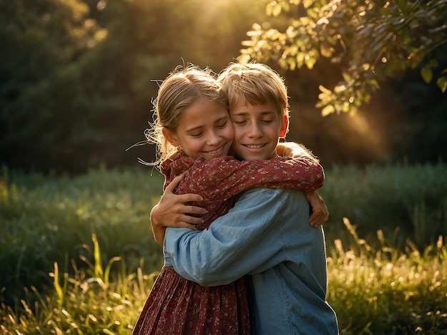 Photo two children hug and hug in the sun