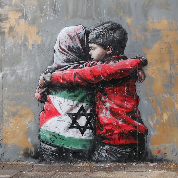 Photo two children hugging in front of a wall with the word peace on it