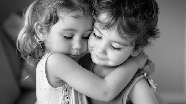 Photo two children hugging and one has a hug in the other hand