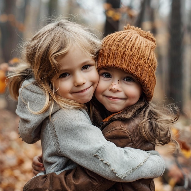 Photo two children hugging in the woods one of them has a scarf on her head