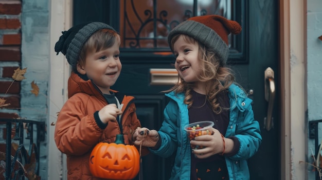 two children in jackets and hats are smiling and holding a pumpkin