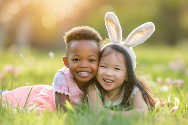 Two children Little AfricanAmerican girl and Asian girl having fun on Easter egg hunt in garden