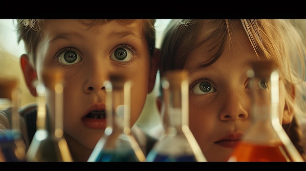 Photo two children looking at a bottle with the word quot on it quot