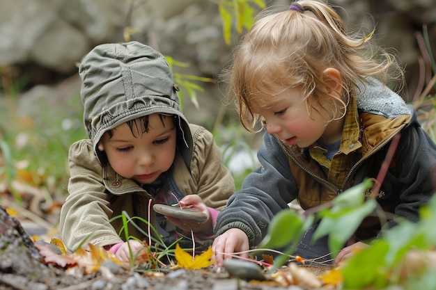 Photo two children looking at a leaf with the word  on it