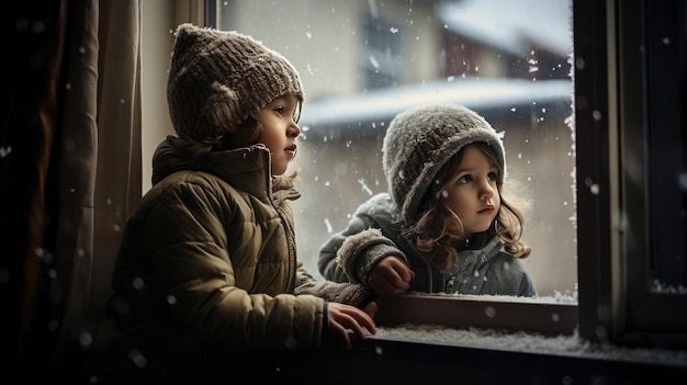 two children looking out a window with snow falling on them.