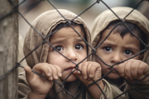 Two children looking through a fence one of them is wearing a brown jacket World Refugee Day