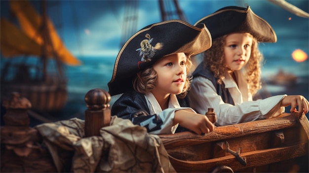 Two children in a pirate ship with a pirate hat and the words " pirates " on the bottom.