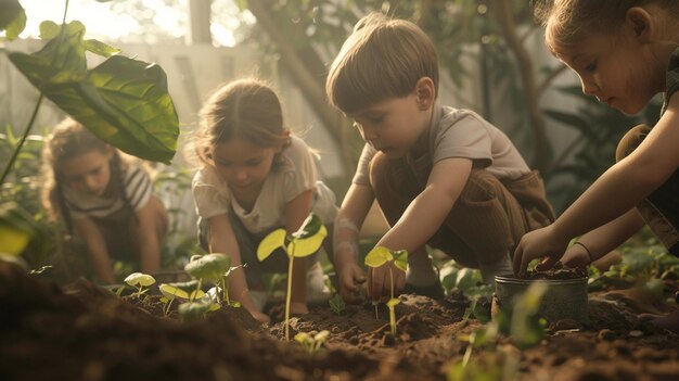 Photo two children planting seeds in a garden