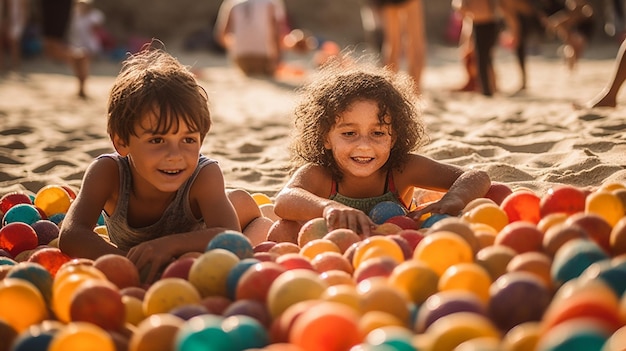 Two children play in a sand pit with colorful balls.