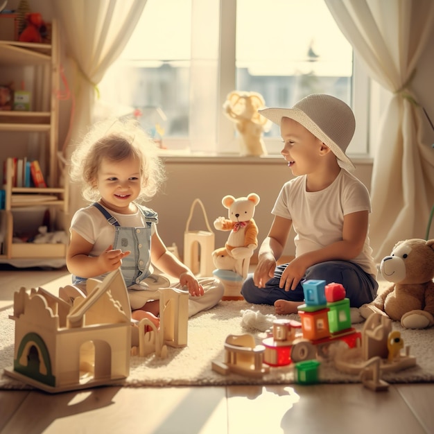 Two children play with toys and one has a toy house on it