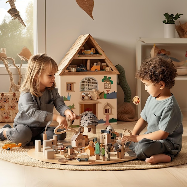 Two children play with a wooden doll house with a tree hanging on the wall