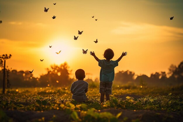 Two children playing in a field with butterflies flying around them