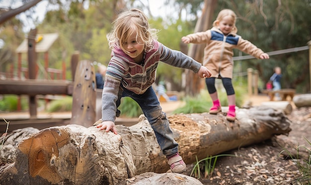 Photo two children playing on a log with one wearing a jacket and the other wearing a jacket