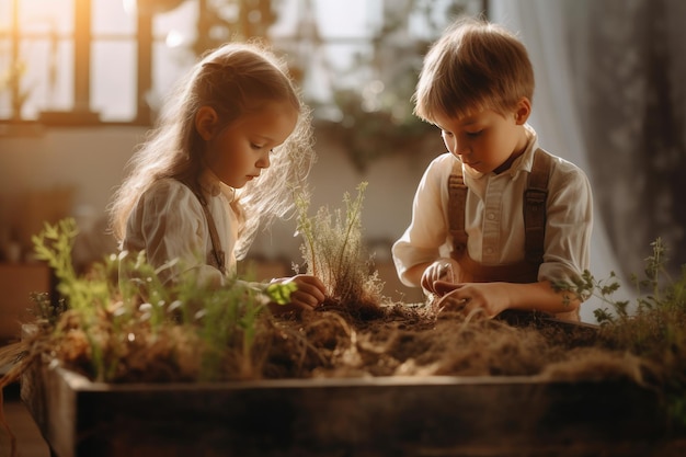 Two children playing in a room with the sun shining on the background