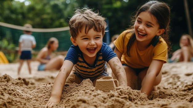 Two children playing in the sand