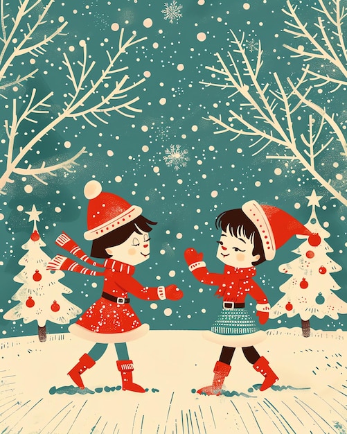 two children playing in a snow covered park with a girl wearing santa hats and a santa hat