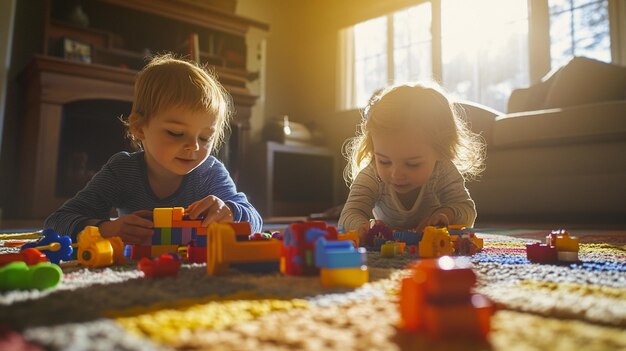 Photo two children playing with blocks on a table