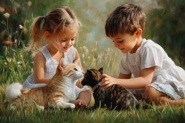 Photo two children playing with a cat and the boy is playing with the cat