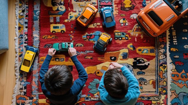 Photo two children playing with toy cars on a colorful rug