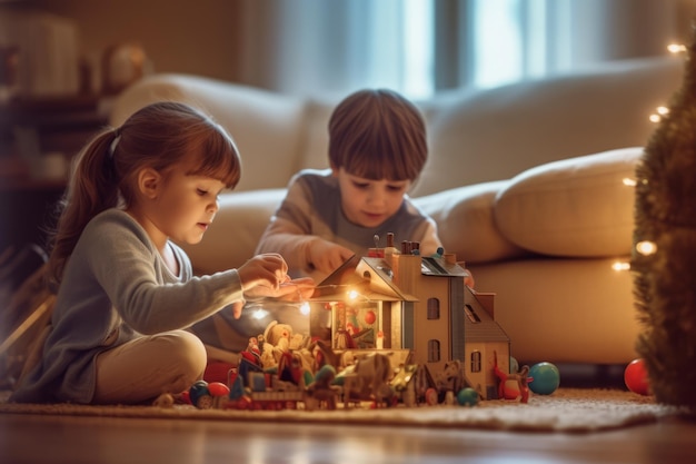 Two children playing with a toy house