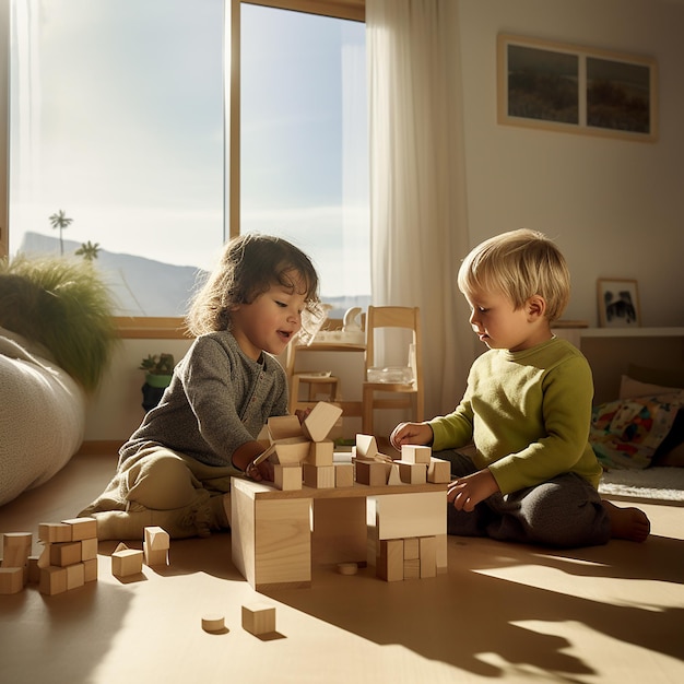 Two children playing with wooden blocks in a room