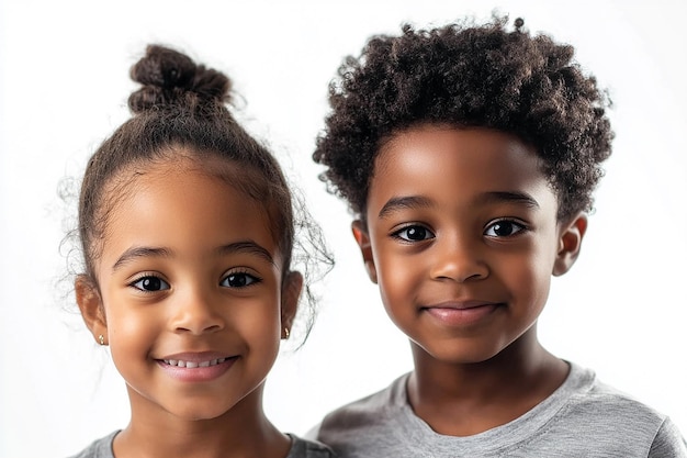 Photo two children posing for a photo with their hair pulled back