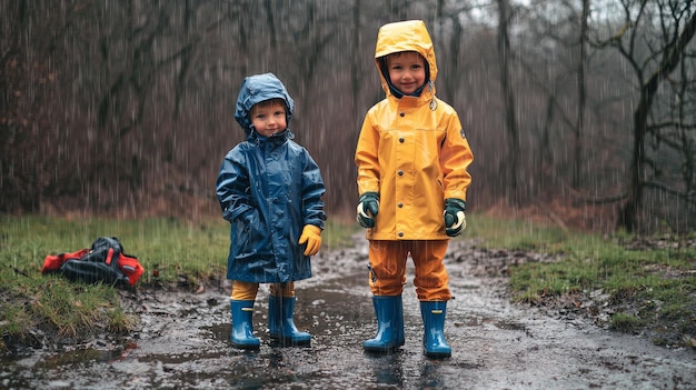 Photo two children in raincoats and boots smiling in the rain