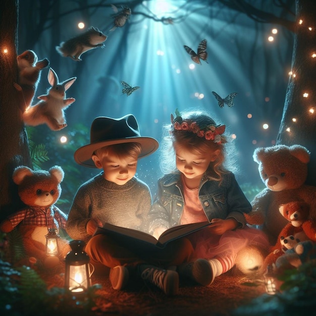 Photo two children reading a magical book in a whimsical forest