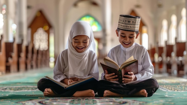 Photo two children reading the quran together in a mosque wearing typical moslem clothing