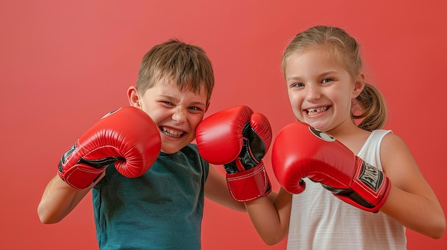 two children in red boxing gloves with one wearing a blue shirt and the other with the other wearing a blue shirt