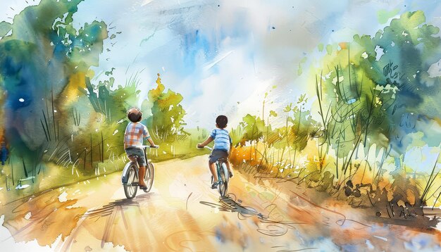 Two children riding bikes on a dirt road