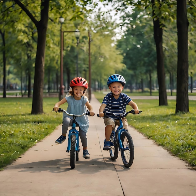 two children riding bikes one wearing a blue and white striped shirt and the other with the red helm