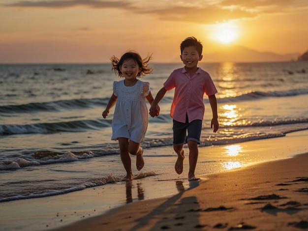 two children running on the beach one of them is wearing a pink shirt