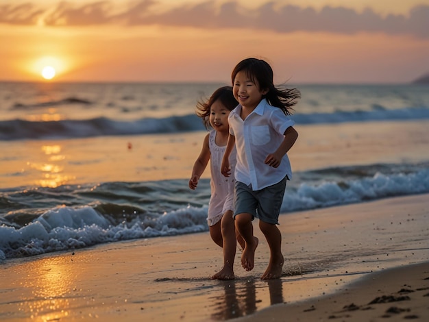 two children running on the beach at sunset