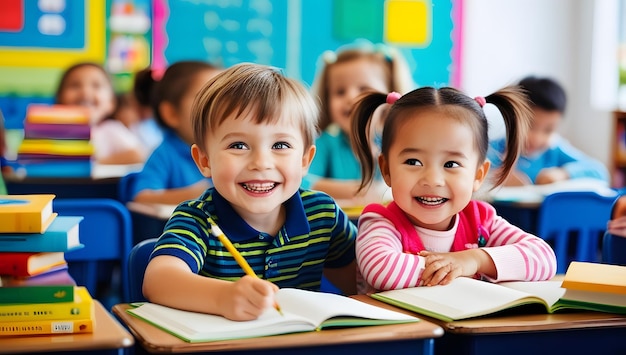 two children sit in front of a desk with a pencil and a pencil