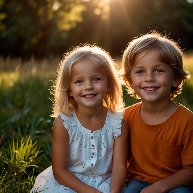 two children sit in the grass one of them is wearing a white dress