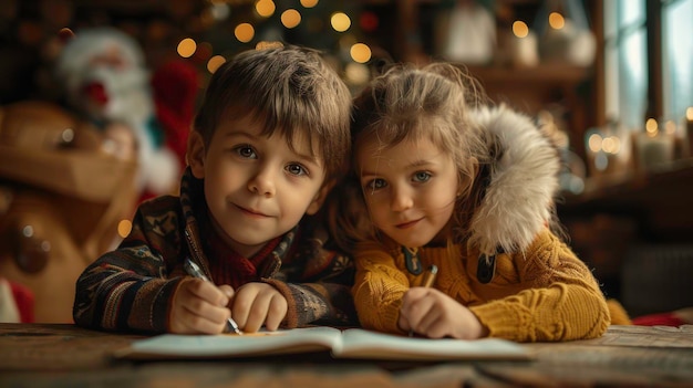 Two children sit at a table writing in a notebook with a festive background They are smiling and loo