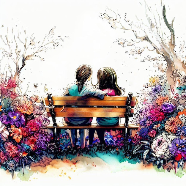 two children sitting on a bench in the woods