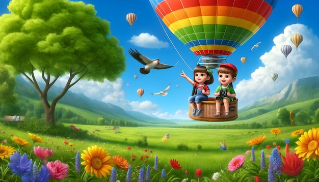 Two children smile and wave from a vibrant hot air balloon over a flowerfilled meadow with birds a