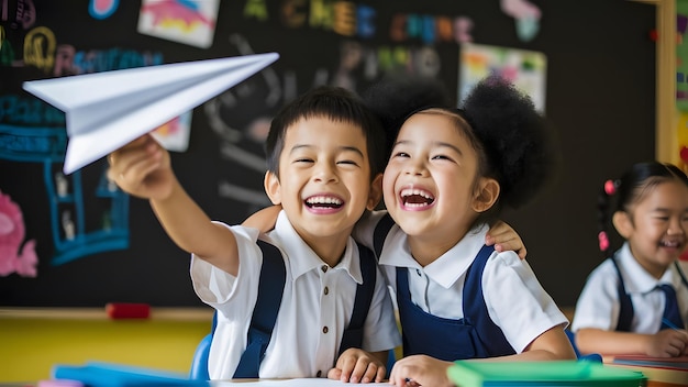 two children smiling and holding up a paper airplane