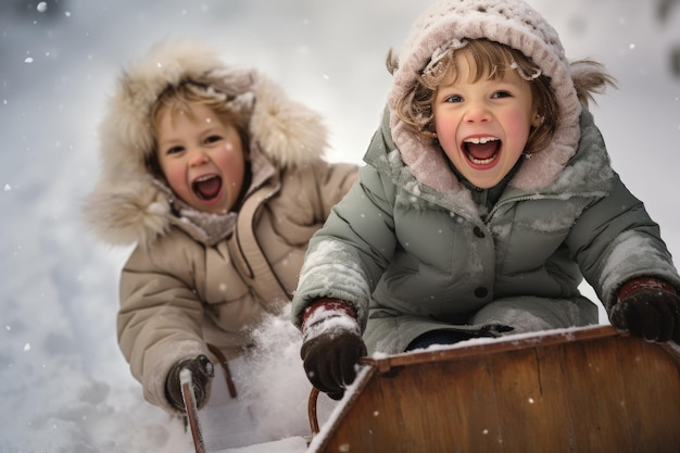 Two children in the snow on a sled