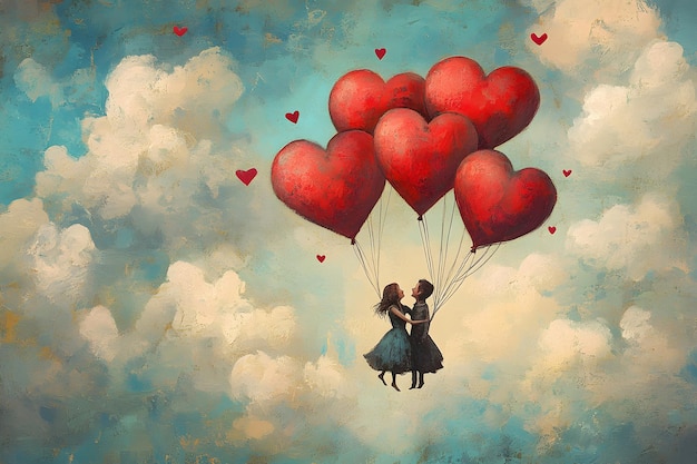 Two children soaring through the sky with heartshaped balloons on a sunny day Generative AI