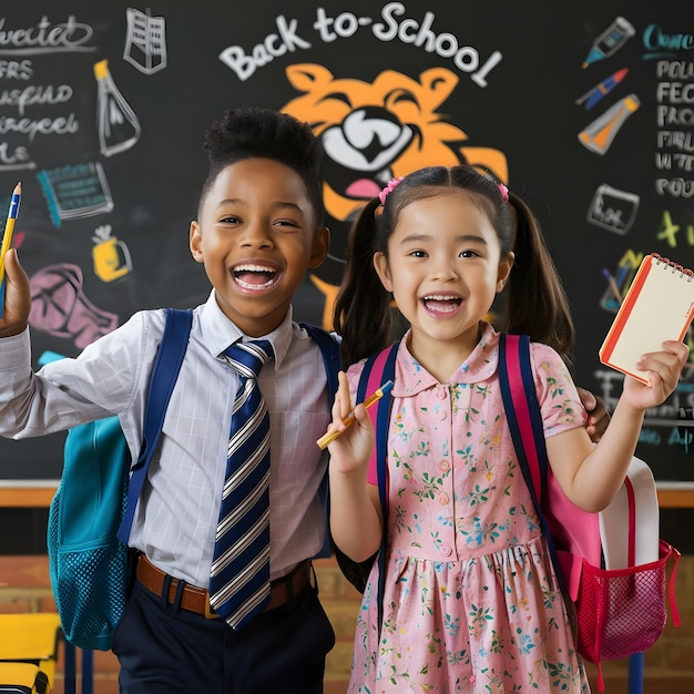 two children stand in front of a chalkboard that says back to school