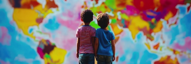 two children stand in front of a colorful painting