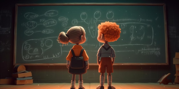 Two children standing with blackboard next to each other cartoon illustration with generative ai