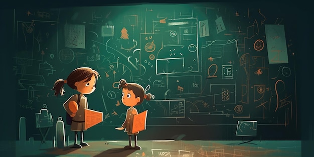 Two children standing with blackboard next to each other cartoon illustration with generative ai