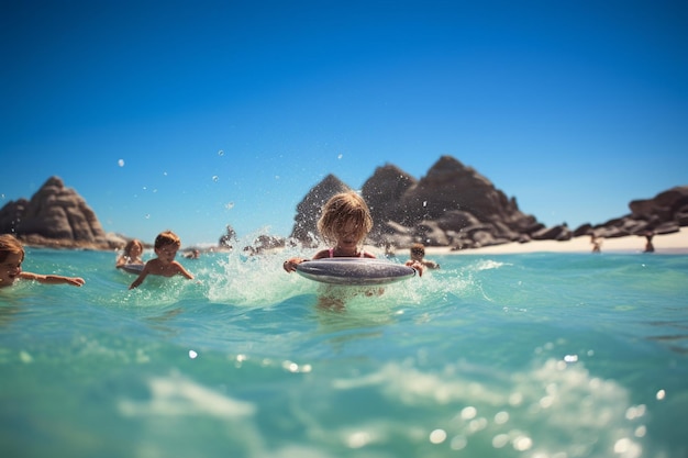 two children swimming in the ocean with a boogie board