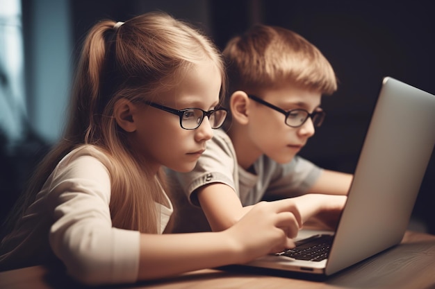 Two children using a laptop in a dark room